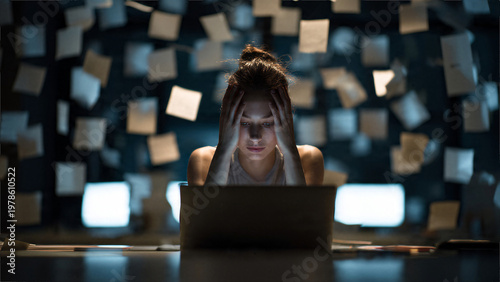 Woman overwhelmed by multiple digital notifications on screens representing digital fatigue information overload and stress from technology use