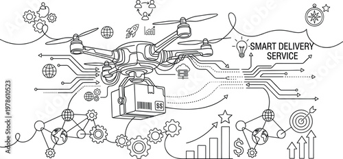 Intricate line art of a delivery drone carrying a package surrounded by smart delivery service icons global connectivity and logistics technology.