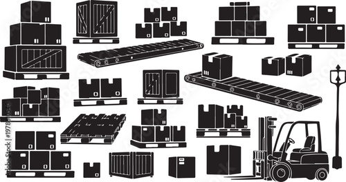 Industrial Warehouse Storage Containers and Forklift Equipment