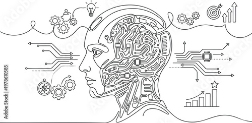 Intricate line art of robotic cyborg head with circuit brain surrounded by symbols of innovation technology and strategic digital growth.