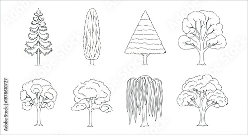 Set of 8 Hand Drawn Outline Tree Icons Vector
