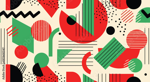 A vibrant abstract pattern featuring geometric shapes and lines on a beige background.