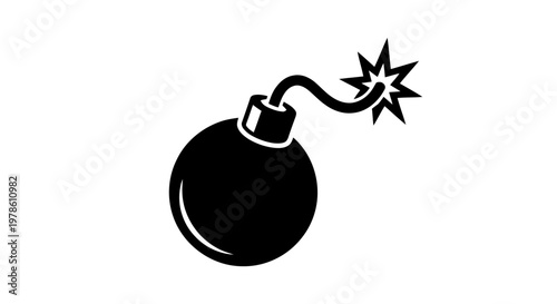 Vector illustration of black and white icon of a cartoon bomb with a lit fuse on a transparent background