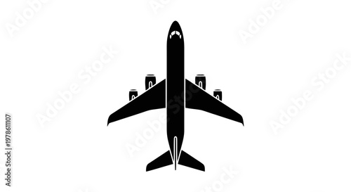 Vector illustration of top view silhouette of a commercial airplane with four jet engines on a transparent background
