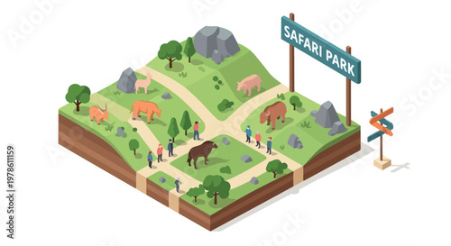 Isometric safari park map with wild animals and tourists, 3D zoo landscape with wildlife and visitors, nature reserve park illustration