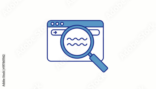 Magnifying glass over a web browser displaying wavy lines, representing search engine optimization and online data analysis for improved web presence and digital marketing strategies