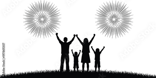 Happy family silhouette, celebrating with fireworks, parents and two children raising hands, grass landscape, black vector illustration, isolated white background.