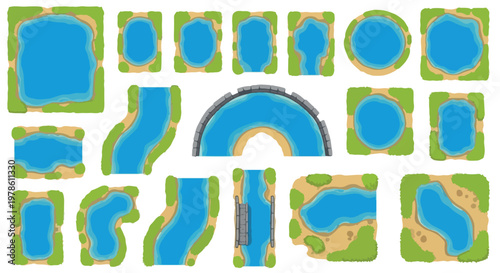 Top view landscape map elements, 16 vector pond and river tiles with green grass and sand, blue water garden pond icons for game design