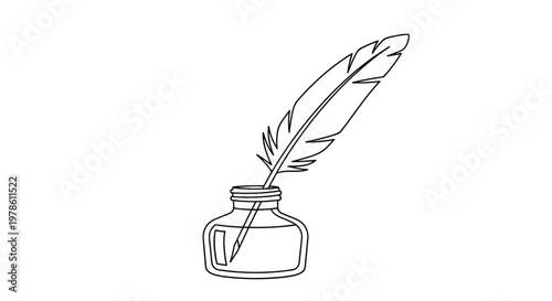 Black and white outline drawing of a classic quill feather pen dipped into a glass inkwell on a white background.