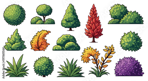 Stylized garden plant collection, 14 vector bush and shrub icons, green and autumn foliage landscape elements for architectural visualization