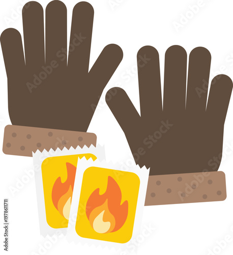 Vector illustration of winter gloves with disposable hand warmers, representing cold weather protection and outdoor comfort. Ideal for winter season concepts, camping, hiking, and travel