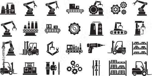 Industrial icons and machinery symbols in black