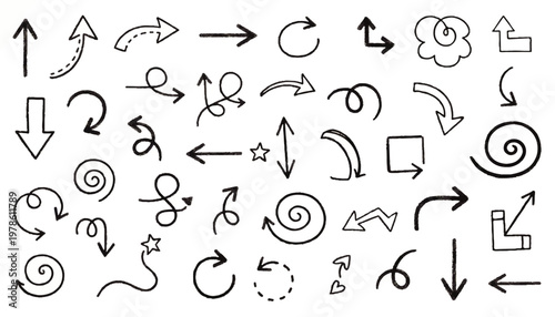 A diverse collection of hand-drawn arrows and symbols, showcasing various directions, styles, and curvatures for creative and informational use