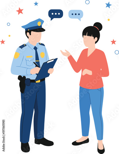 Police officer in uniform writing notes on a clipboard while talking to a woman, representing law enforcement interaction and communication in a city setting with stars and circles.