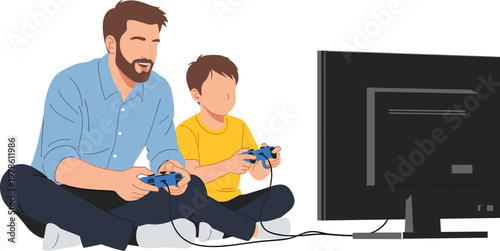 Father and son playing video games together on a large television screen, holding controllers, enjoying a fun leisure activity and bonding time at home.
