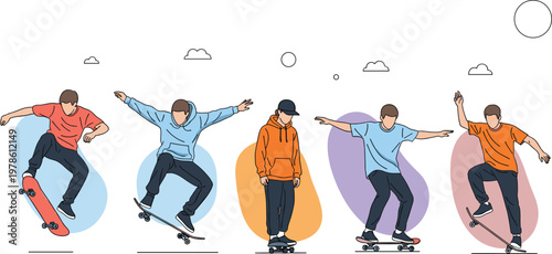 Dynamic group of five young men performing various skateboarding tricks and maneuvers on a white background with abstract cloud shapes.