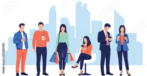 Diverse group of six people with shopping bags and smartphones standing in front of a stylized city skyline, representing urban lifestyle and consumerism.