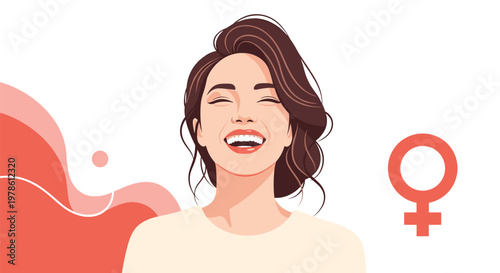 Radiant portrait of a joyful woman laughing with her eyes closed is accompanied by a peach colored female gender symbol on a clean layout.