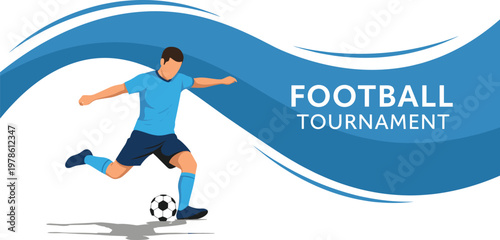Dynamic illustration of a male soccer player kicking a ball during a football tournament, with a blue wave graphic and text.