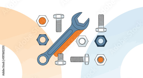 Minimalist representation of spanner and various nuts and bolts with soft pastel background