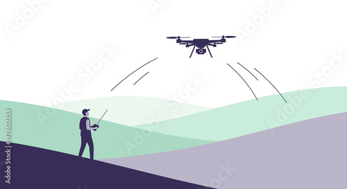 Minimalist scene showcasing aerial technology with a drone operator in a peaceful setting