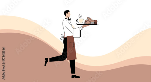 Minimalist waiter illustration serving breakfast on tray with a modern background
