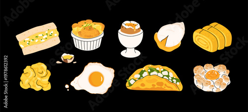 Egg dishes icons dark background, scrambled eggs, fried egg, soft boiled, tamagoyaki, omelette wrap, sandwich, breakfast food illustration set