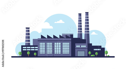 Dark silhouette of a large industrial factory building with tall smoking chimneys is depicted against a bright sky with soft blue clouds.