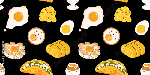 Egg dishes icons dark background, scrambled eggs, fried egg, soft boiled, tamagoyaki, omelette wrap, sandwich, breakfast food illustration seamless pattern