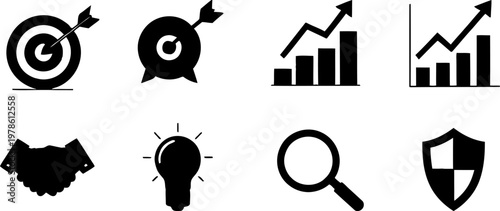 Business strategy target growth solid black icon set chart