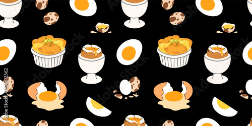 Egg dishes icons dark background, scrambled eggs, fried egg, soft boiled, tamagoyaki, omelette wrap, sandwich, breakfast food illustration seamless pattern