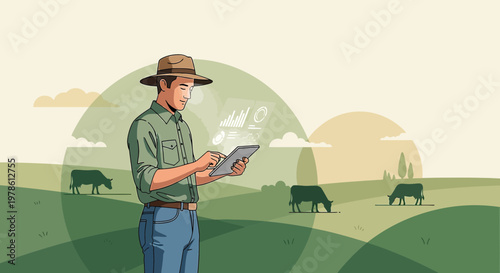 Modern agriculture concept: Farmer utilizing tablet for smart farming with cows in a serene