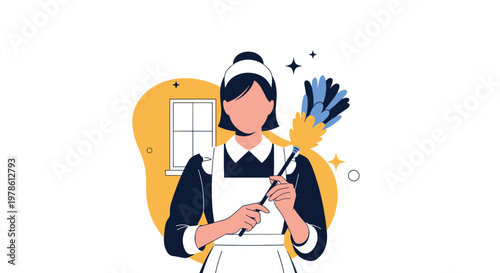 Friendly housemaid in a classic black and white uniform is holding a yellow feather duster against a decorative yellow and white background.