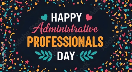 Happy administrative professionals day greeting with colorful confetti background