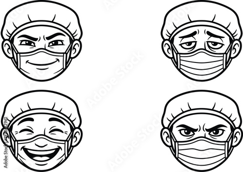 Cartoon healthcare worker shows various expressive faces wearing a surgical mask and cap.