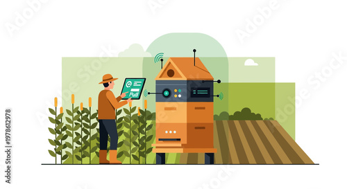 Modern agriculture farmer using technology for field data with digital tablet farming automation
