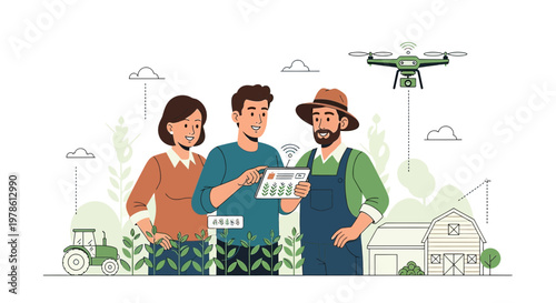 Modern agriculture farmers utilizing drone technology and digital tablet for farm management,