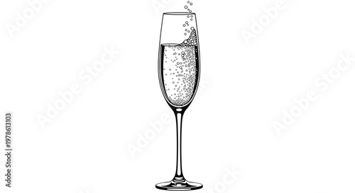 Elegant black and white hand drawn illustration of a tall flute glass filled with sparkling champagne and rising bubbles is shown on white.