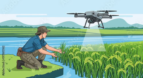 Modern agriculture with drone monitoring crop health and farmer checking the rice field near the