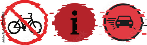 Red and Black Glitch Icons Set with Traffic and Information Symbols