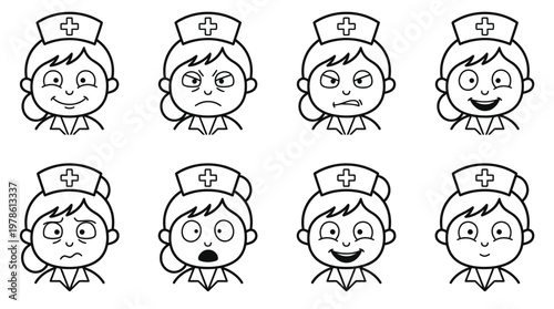 Cartoon healthcare worker displays various expressive faces with emotions.