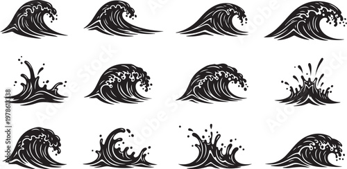 Collection of wave icons in black and white