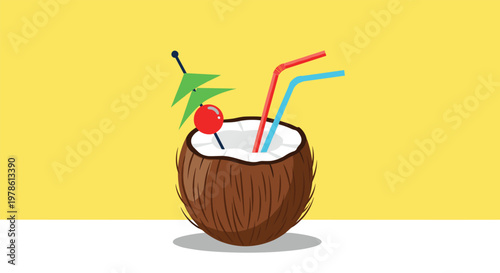 Tropical coconut cocktail served in its shell with a red cherry garnish and colorful straws is set against a sunny yellow background.
