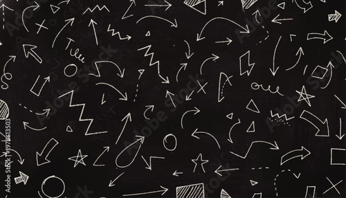 Dynamic hand-drawn white arrow and doodle pattern on a dark chalkboard background, symbolizing multiple directions, creative choices, and problem-solving complexity