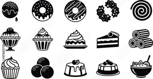 Black and white vector icons of donuts, cupcakes, cakes, pastries, puddings, and sweet desserts in bold silhouette style for food design