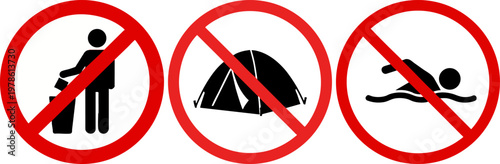 Set of Three Prohibition Signs for Littering Camping and Swimming