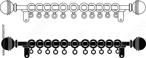 Black and white vector illustration of decorative curtain rods with rings, brackets, and finials shown in outline and silhouette design styles