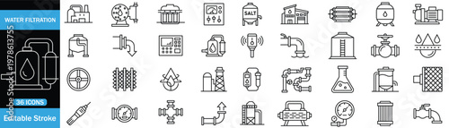Desalination Water Filtration Icons Essential Elements for Water Purification and Treatment Systems Editable Vector Graphics
