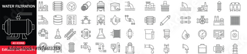 Set of Desalination Filtration and Water Systems for Digital Use. Editable collection of 40 icons filtration pipeline boiling and cooling process outline icons 
