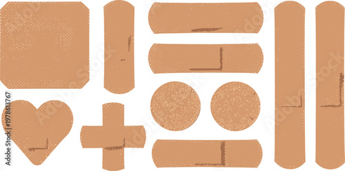 Adhesive Bandage Collection with Various Shapes Including Strip, Round, Cross and Heart for Medical Care Illustration